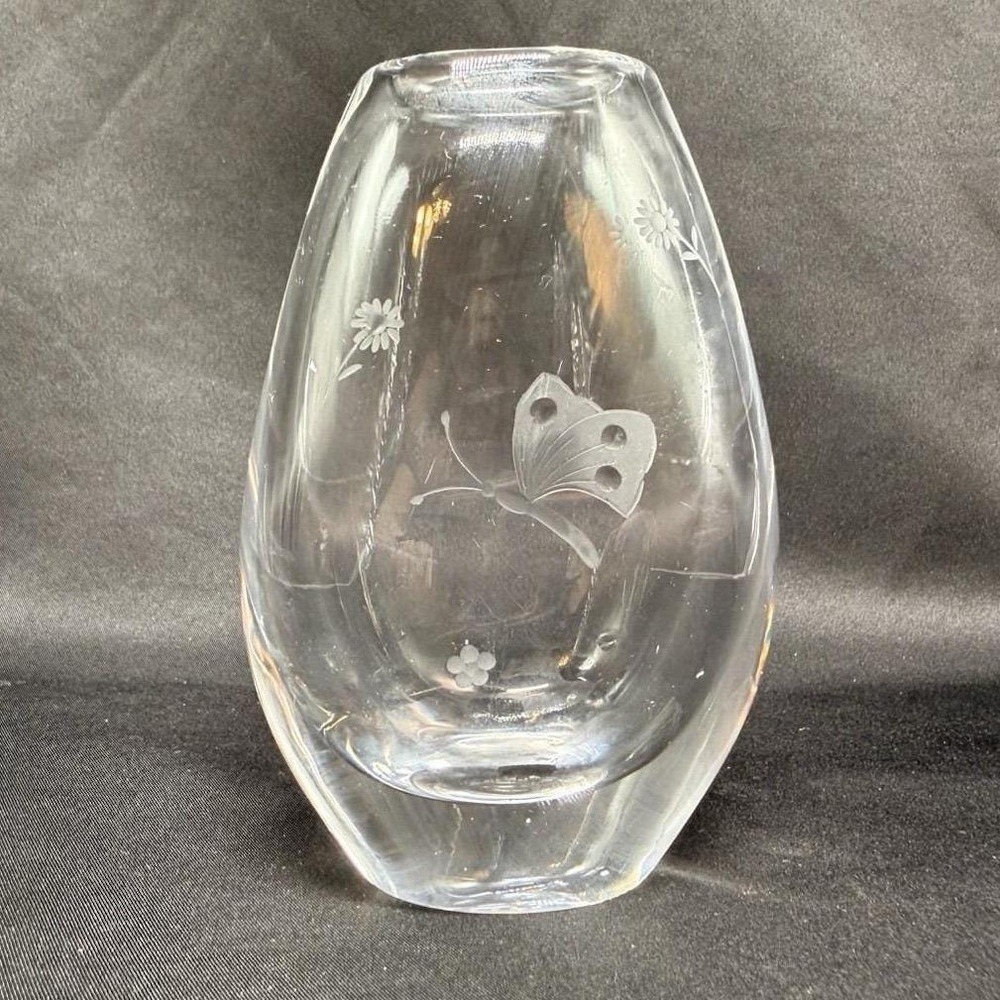 Signed Kosta Boda Etched Glass Butterfly and Flower Bud Vase Clear 4.5"